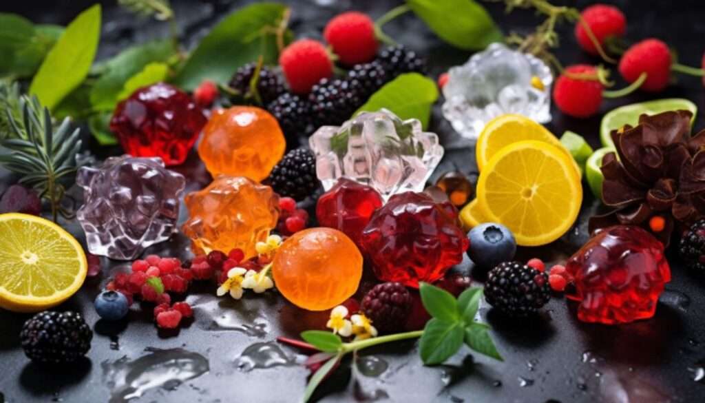 a set of collagen gummies surrounded by fruits and botanicals
