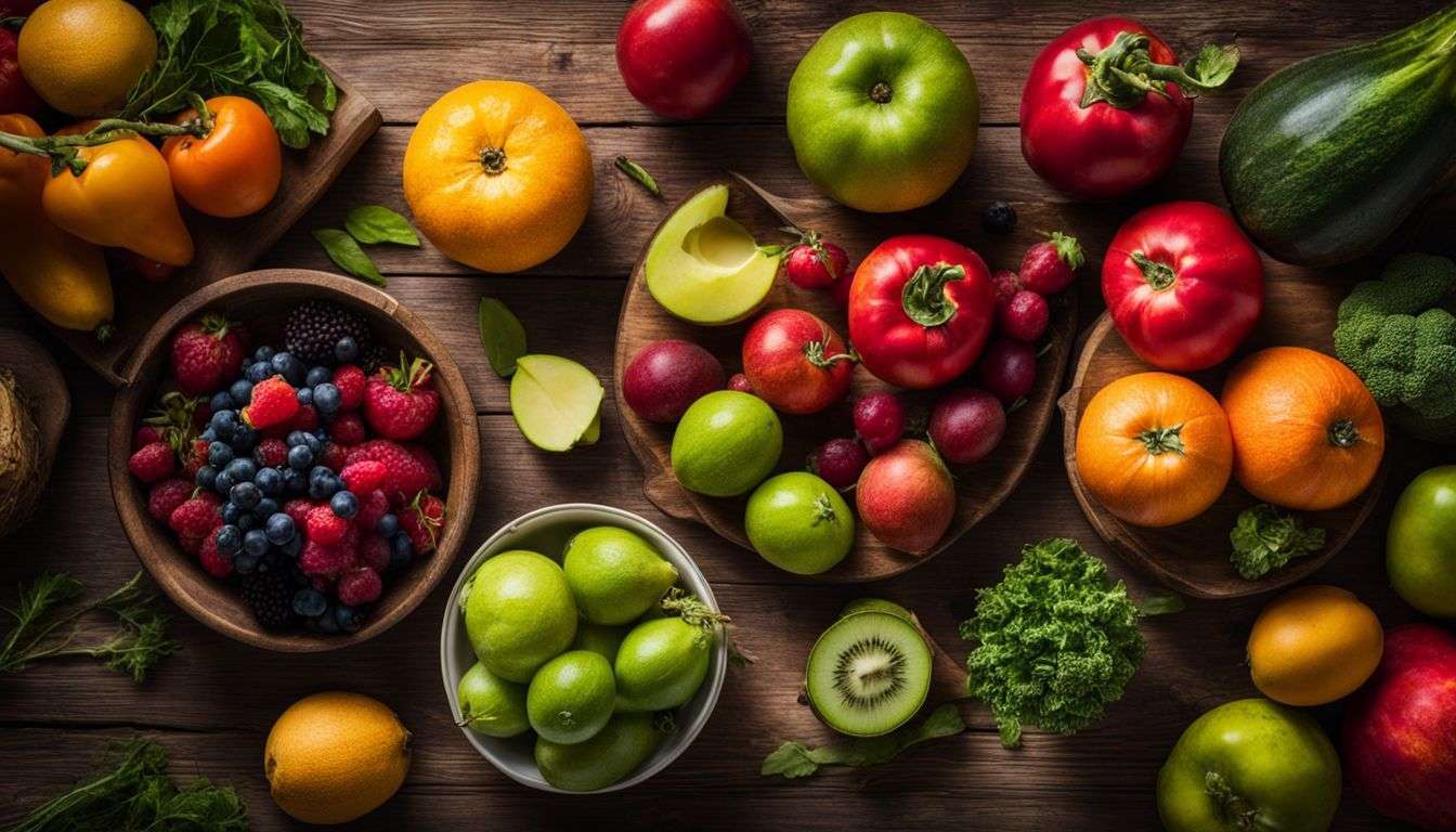 A variety of fresh fruits and vegetables arranged on a wooden table.