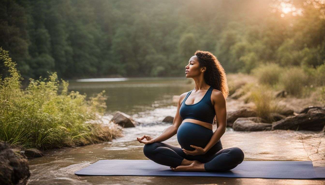 A pregnant woman peacefully practices yoga in a serene natural setting.