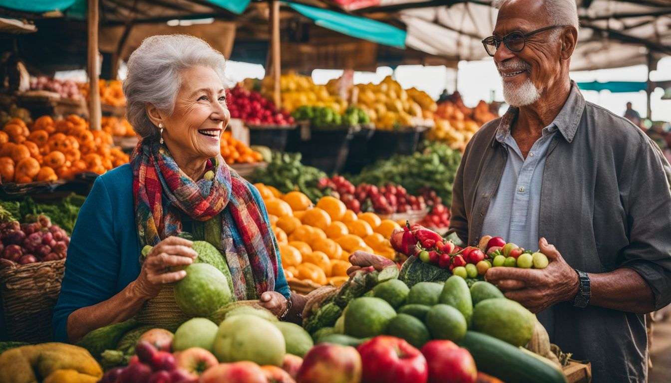 An elderly couple enjoying a vibrant market with fresh produce.