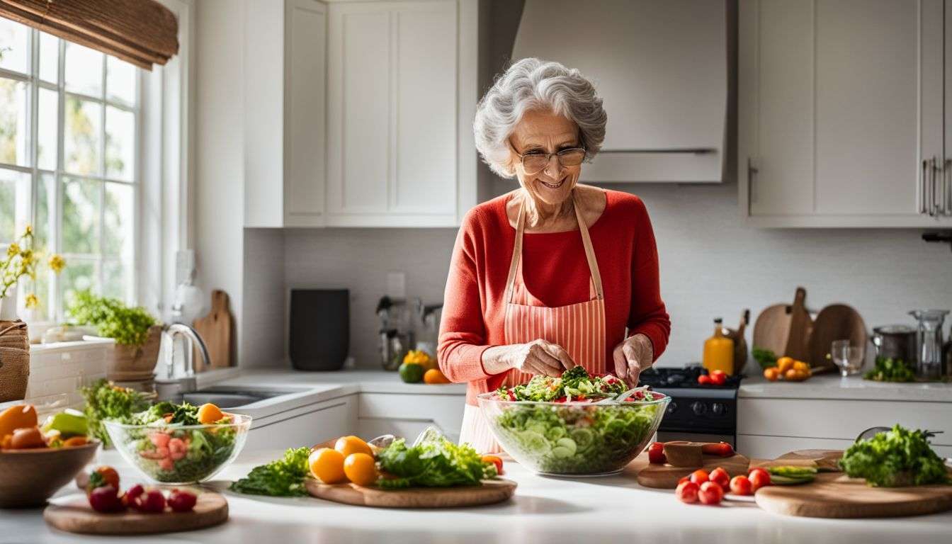 A senior woman preparing a healthy, colorful salad in her kitchen.