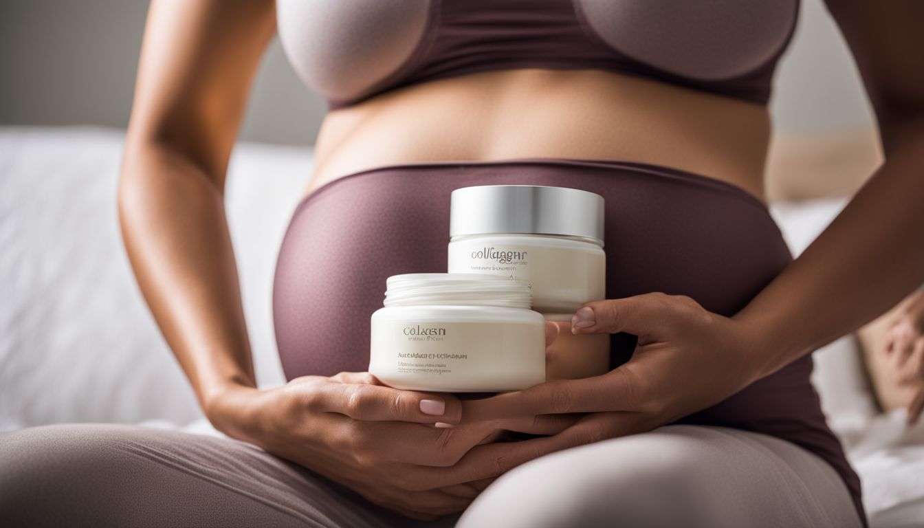 A pregnant woman gently massages collagen cream onto her growing belly.