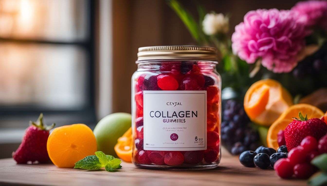 A jar of collagen gummies surrounded by fruits and flowers.
