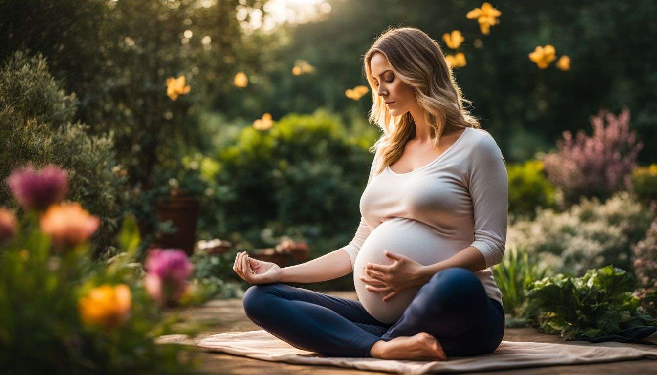 A pregnant woman peacefully meditates in a beautiful garden.