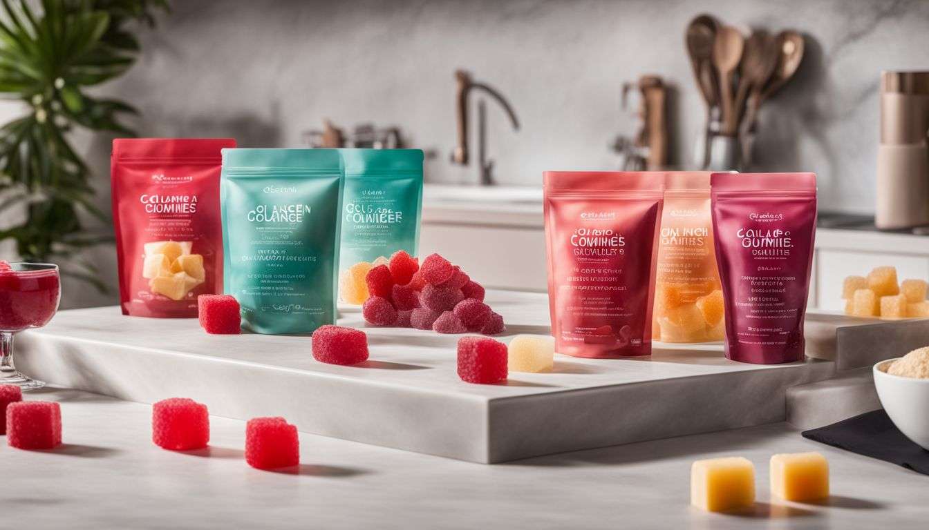 A variety of collagen gummies and powders on a kitchen counter.