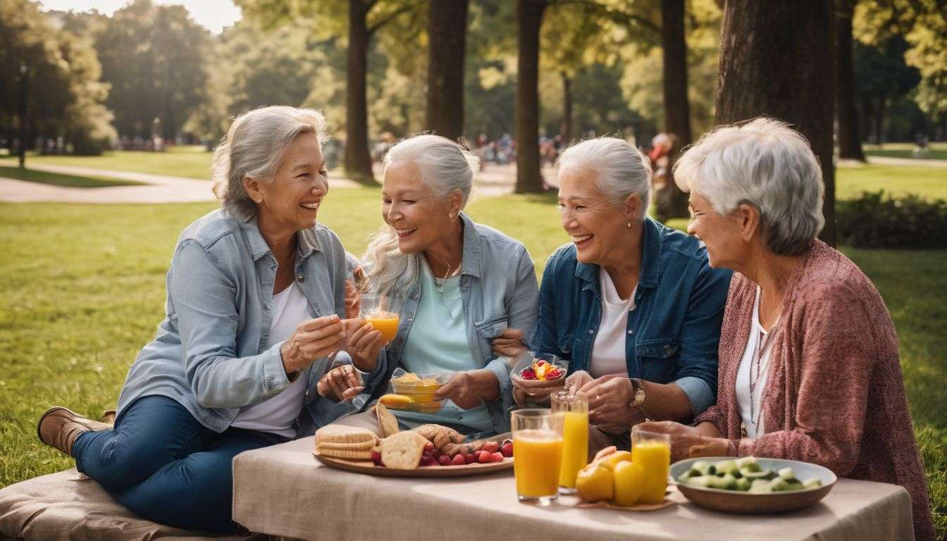 A group of seniors enjoying healthy snacks in a park.