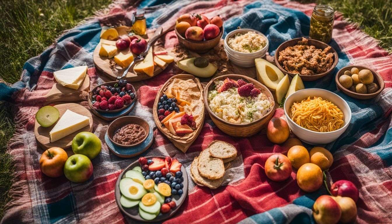 A variety of easy-to-chew foods displayed on a colorful picnic blanket.