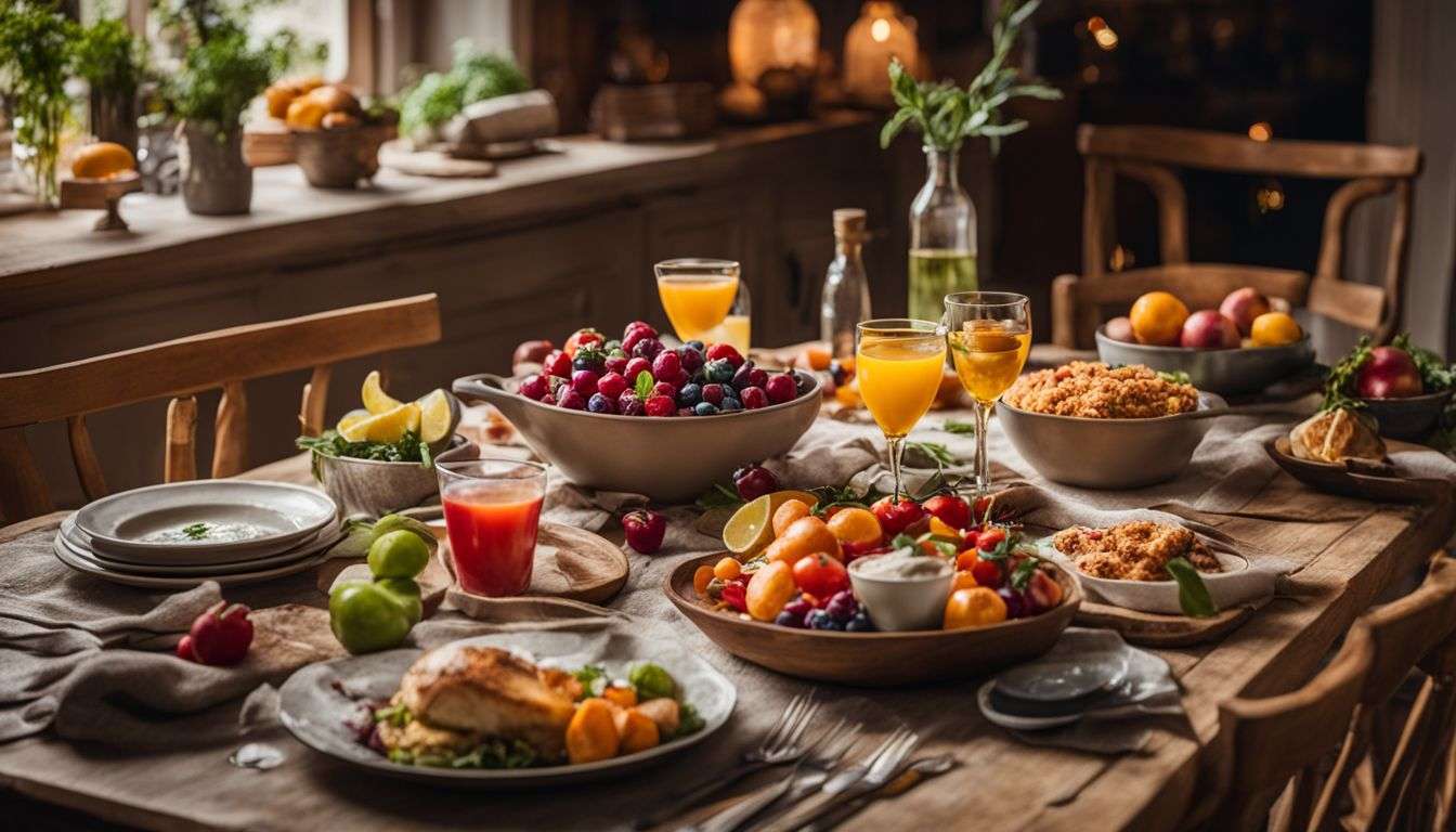 A table set with a colorful and delicious meal in a homely kitchen environment.