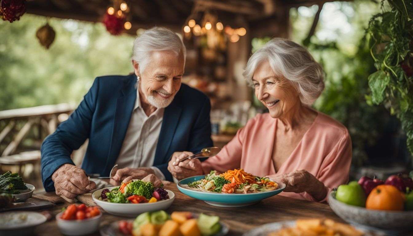 A senior couple enjoying a diverse and colorful plate of nutrient-rich foods.
