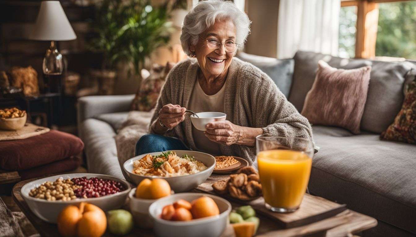 A senior enjoying healthy snacks in a cozy living room.