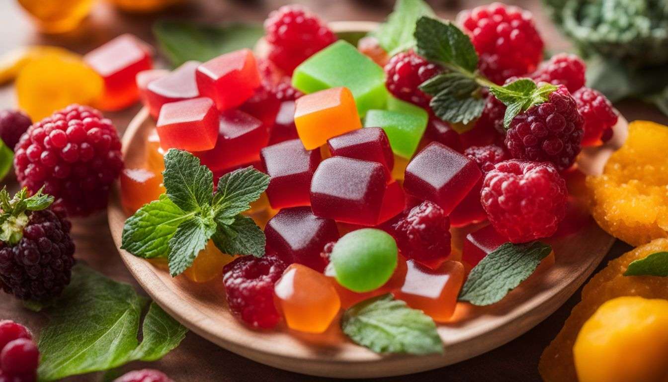 A photo of Vegan Collagen Gummies surrounded by colorful plant-based ingredients.