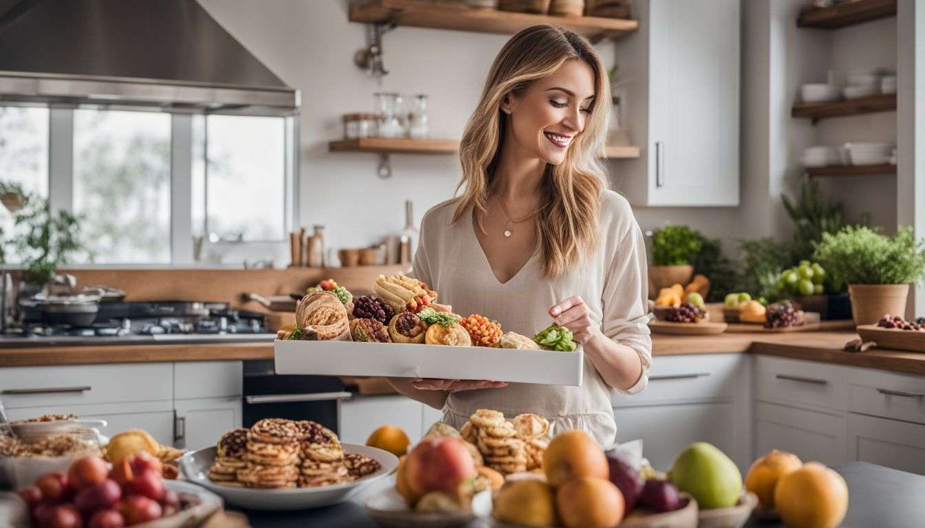 A person holding a variety of healthy snacks in a modern kitchen.