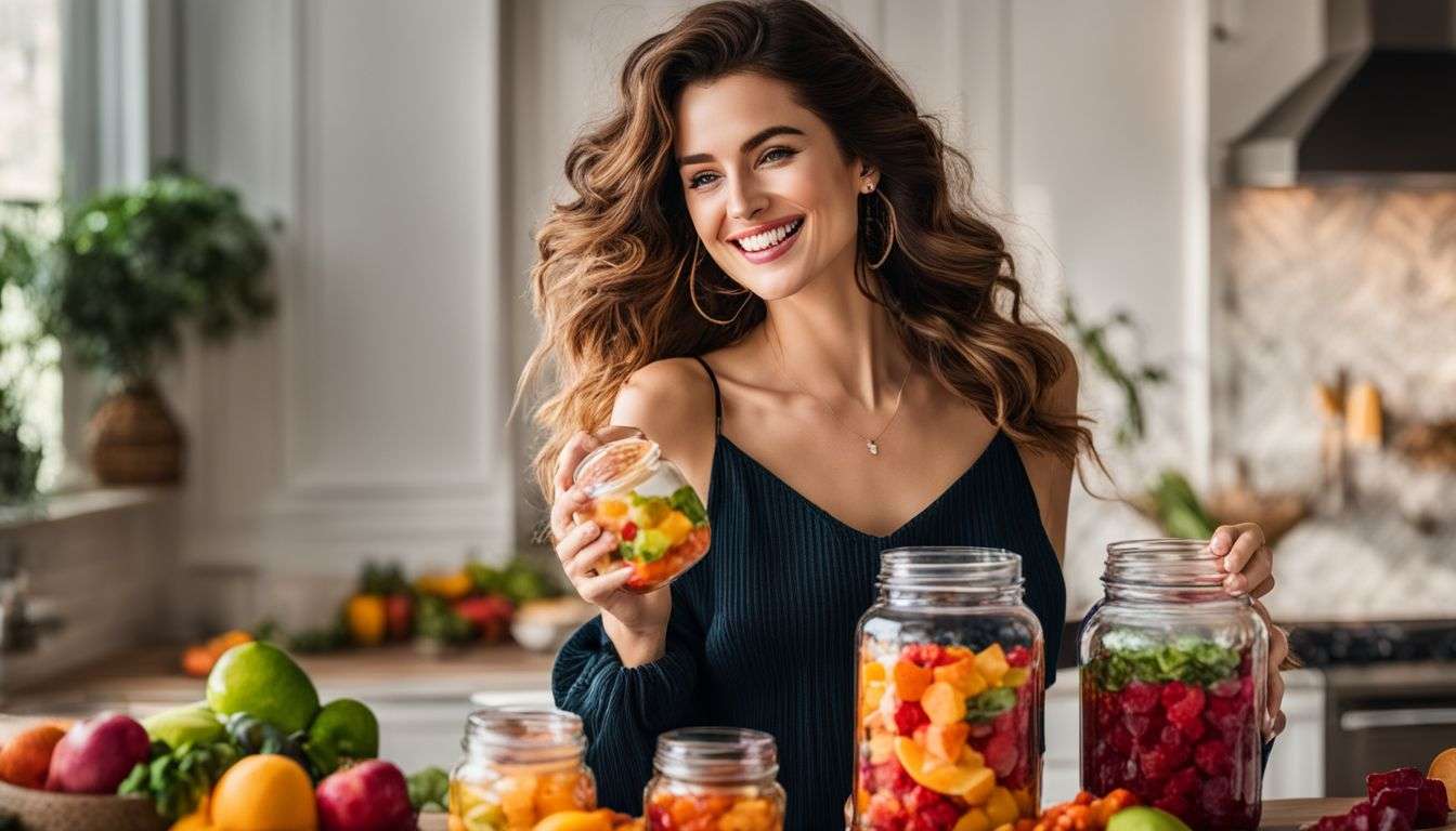 A woman holding collagen gummies surrounded by vibrant fruits and vegetables.