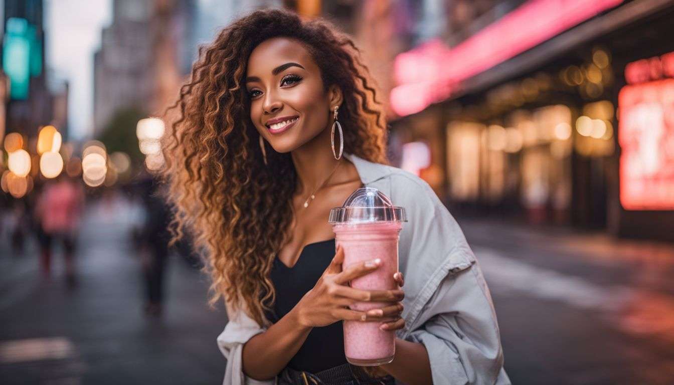 A woman holding a collagen shake bottle in a modern city.