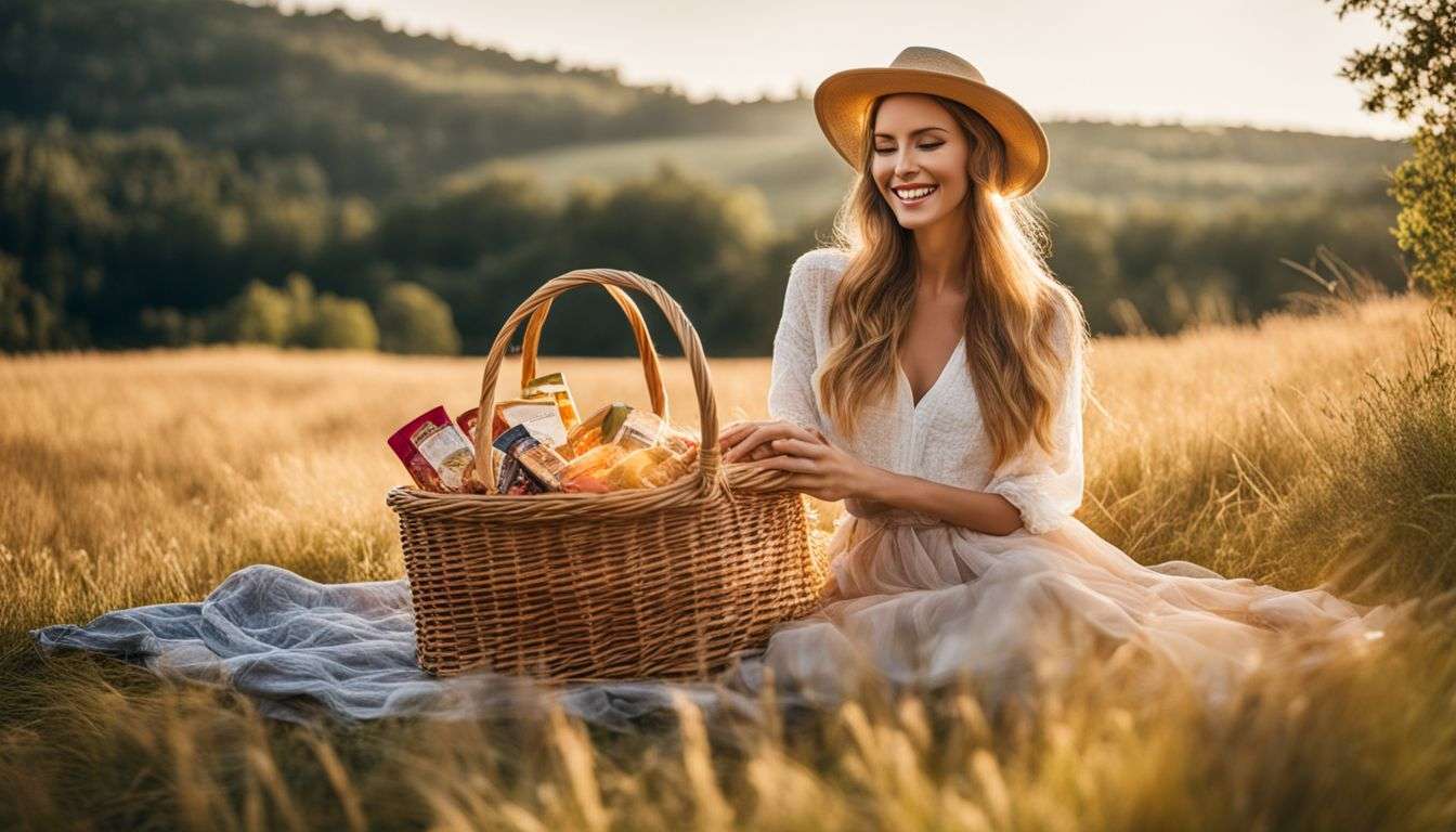 A woman enjoys a gluten-free picnic in a sun-drenched field.