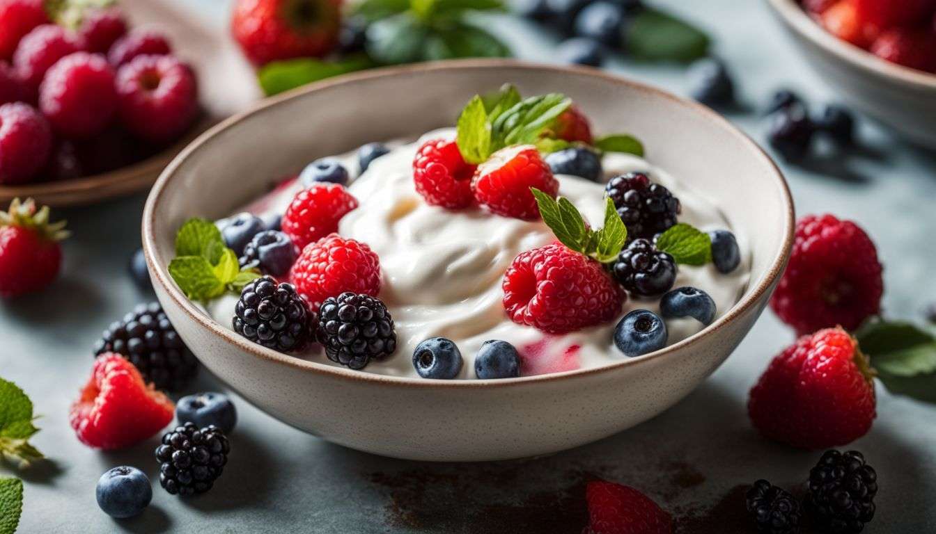 A bowl of Greek yogurt with mixed berries in a fruit garden.