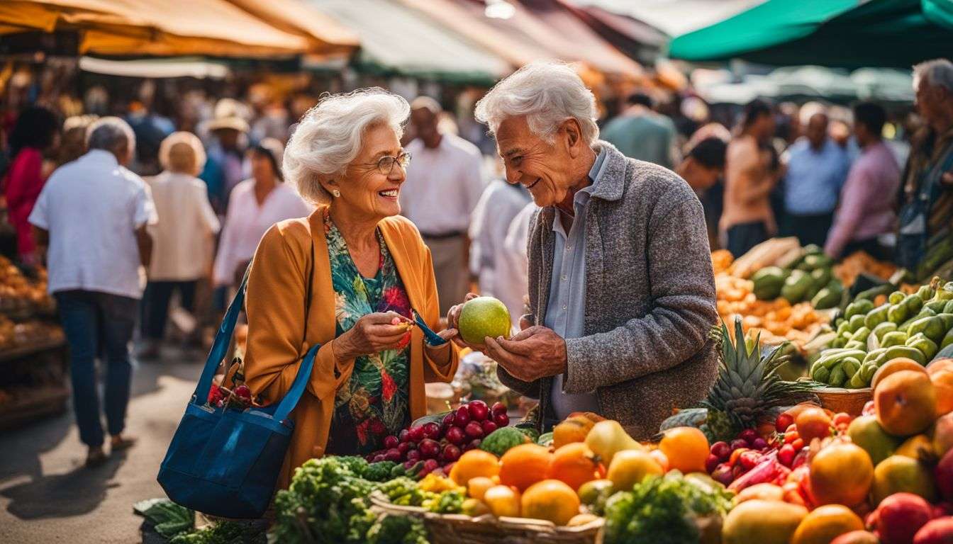 A senior couple enjoying a vibrant fruit and vegetable market.