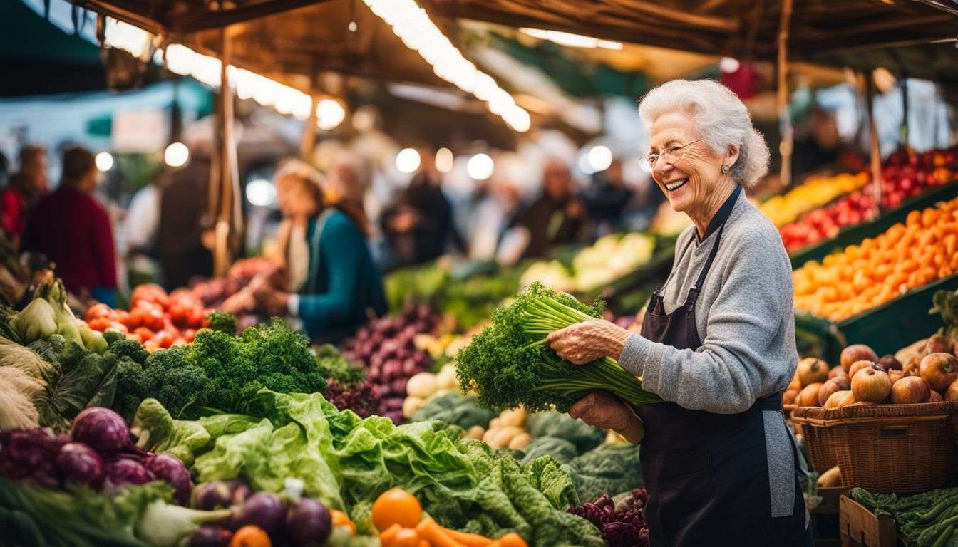 An elderly woman picking organic vegetables at a bustling farmers market.