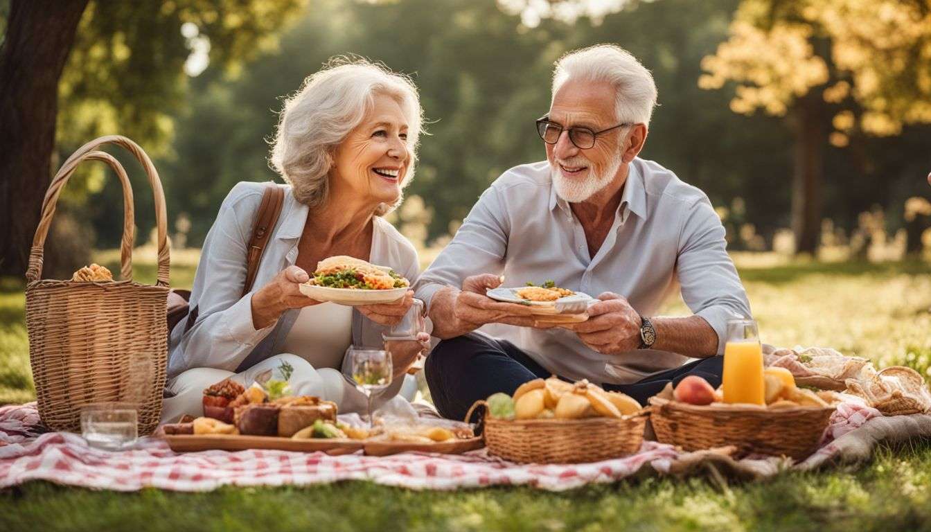 A senior couple enjoying a picnic in a peaceful park.