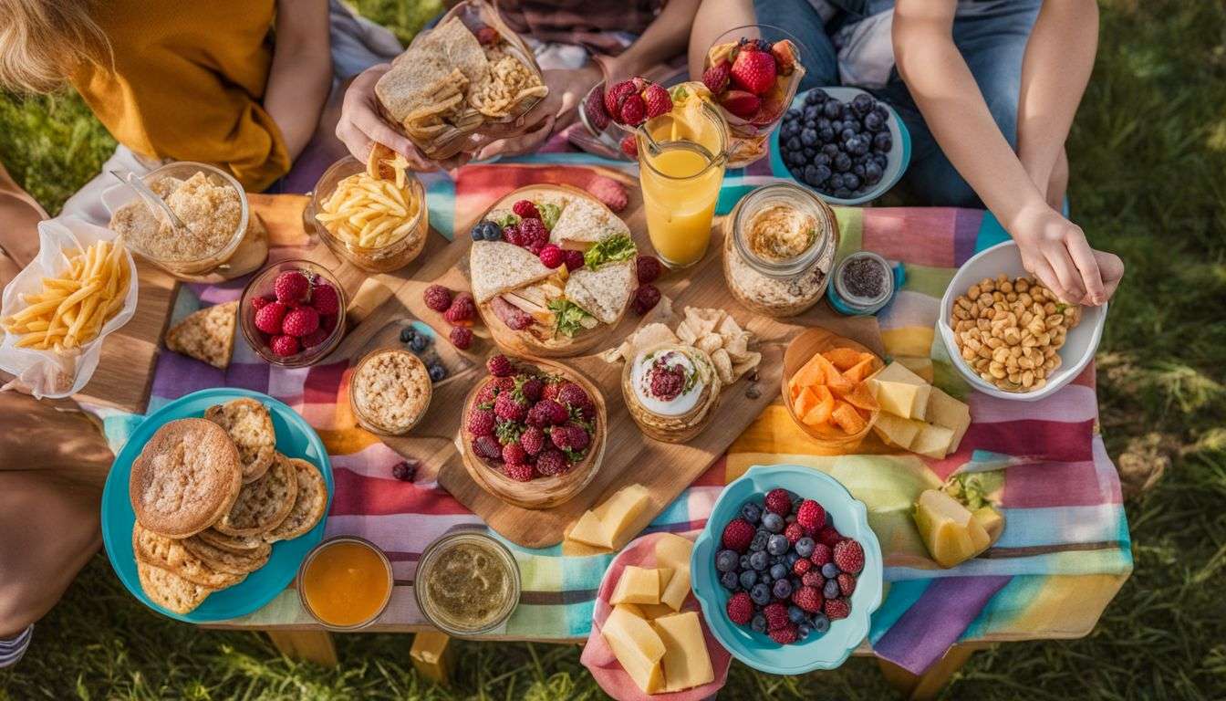 A variety of high-fiber snacks displayed on a vibrant picnic table.