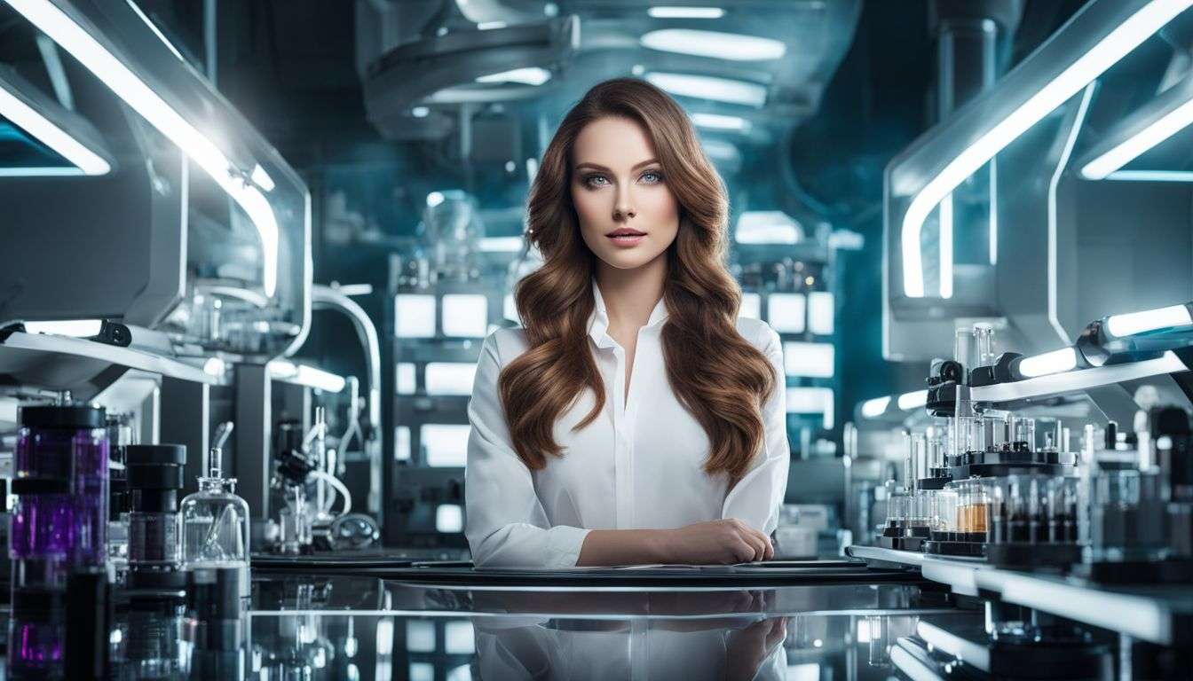 A woman with flawless skin surrounded by futuristic lab equipment.