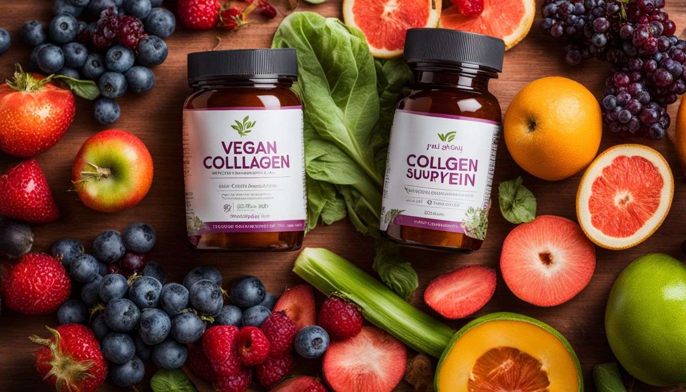 A variety of vegan collagen supplements surrounded by colorful fruits and vegetables.