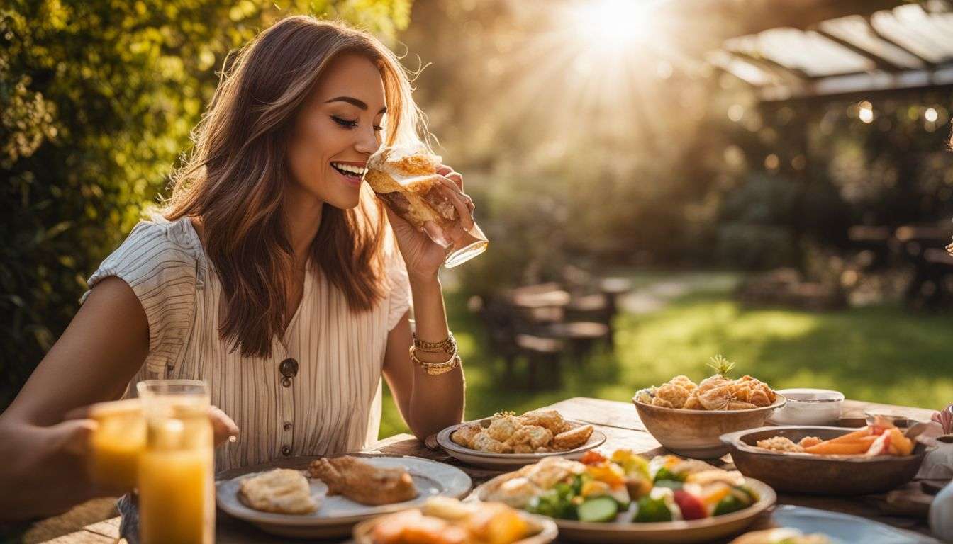 A woman enjoys a gluten-free snack spread in a sunlit garden.
