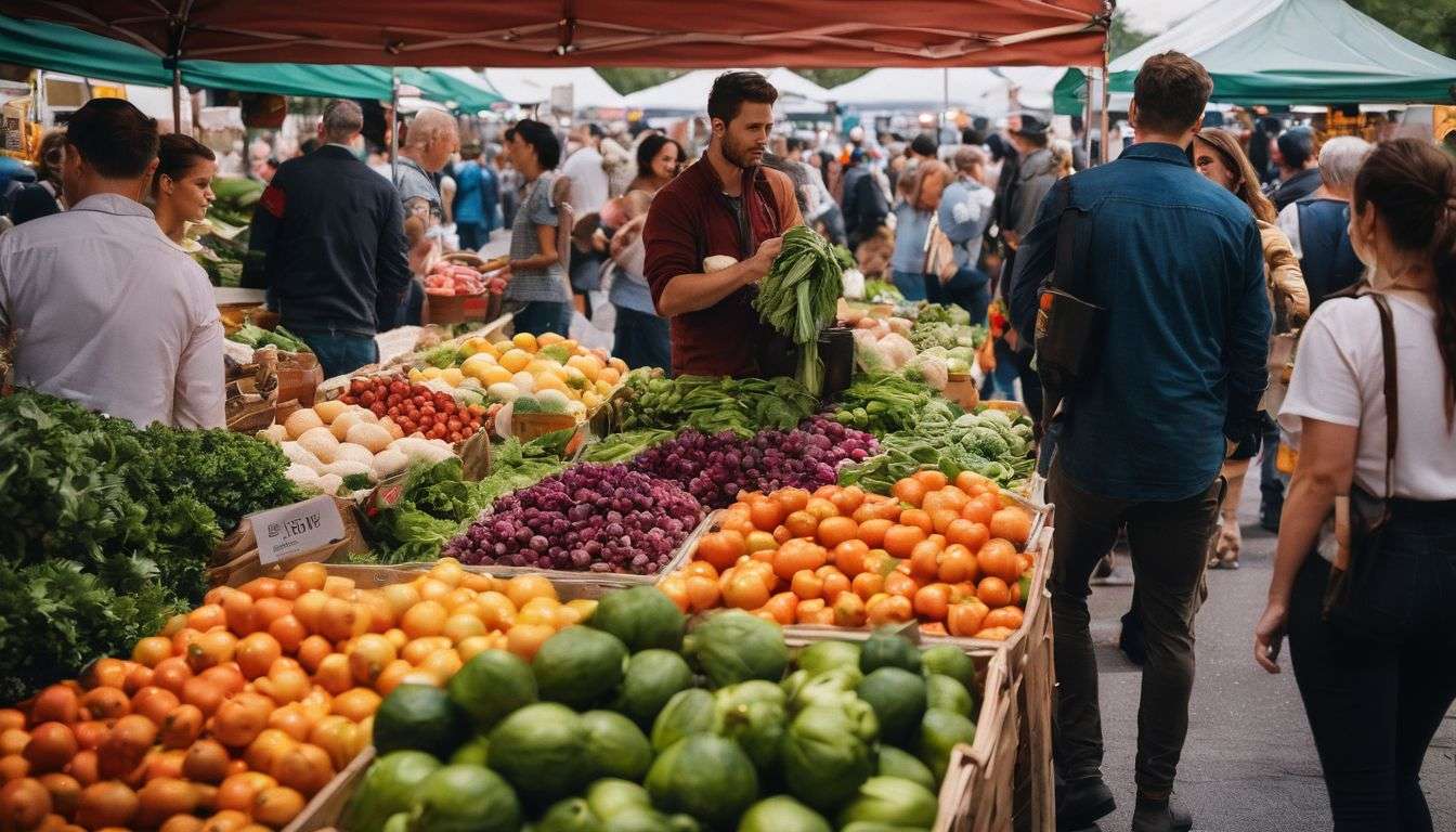 A person standing in a busy farmer's market surrounded by fresh produce.