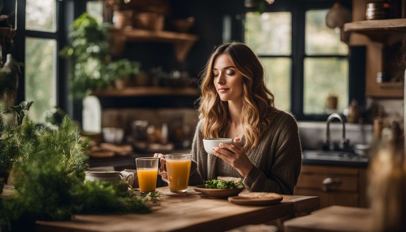 'A woman enjoying bone broth in a cozy kitchen surrounded by natural ingredients.'