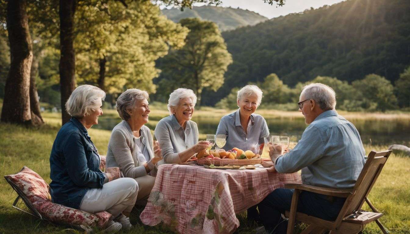 A group of older adults enjoying a picnic in a scenic park.