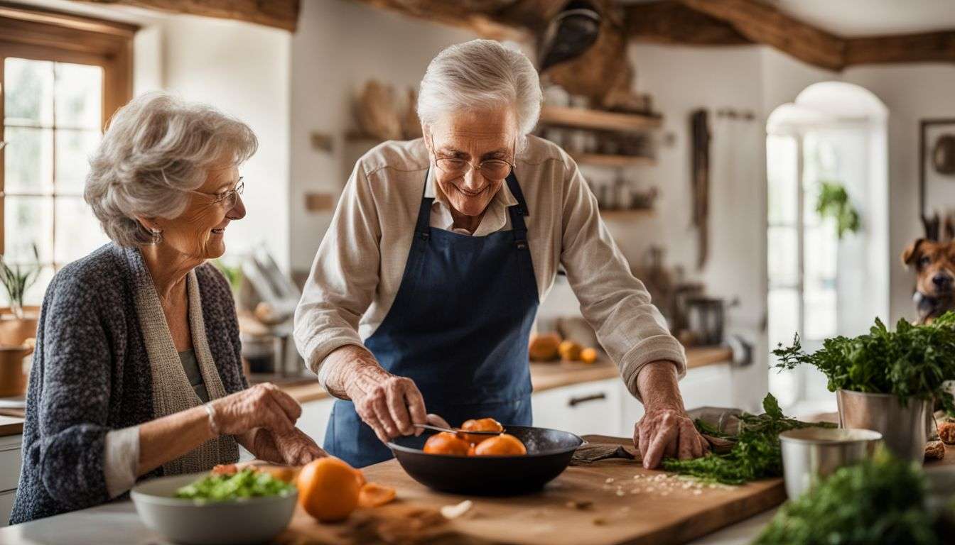 An elderly couple cooking together in a bright, cozy kitchen.