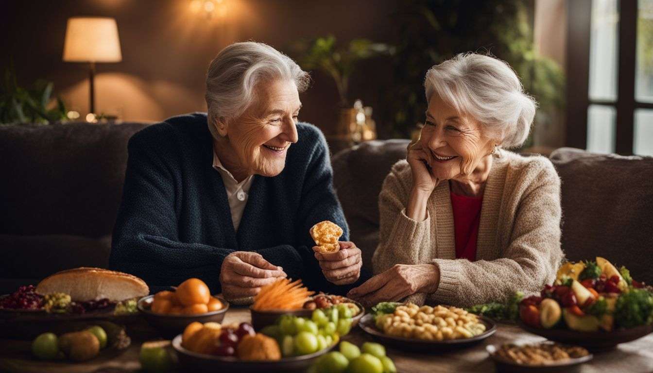 A senior woman and man enjoying Omega-3 rich snacks in a cozy living room.