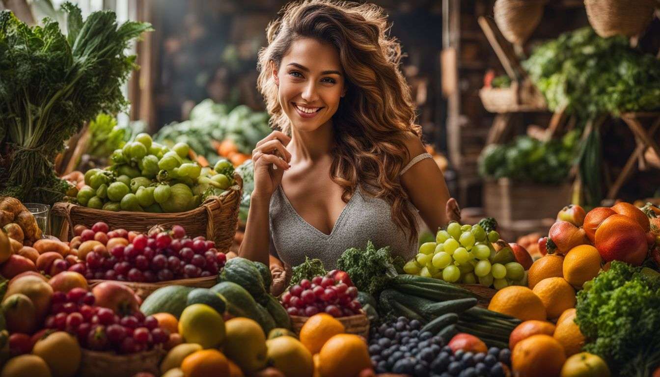 A woman surrounded by vibrant fruits and vegetables in a bustling atmosphere.