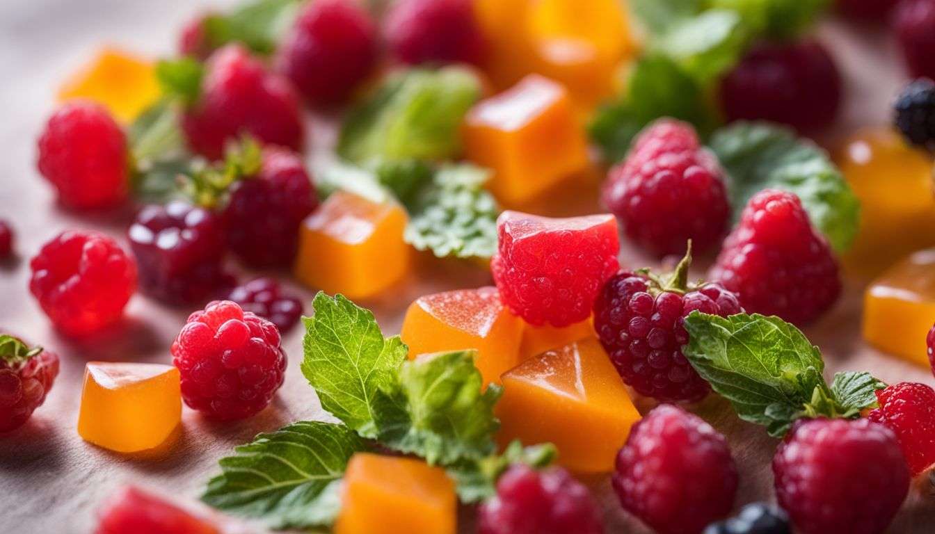 A close-up photo of collagen gummies surrounded by vibrant fruits and vegetables.