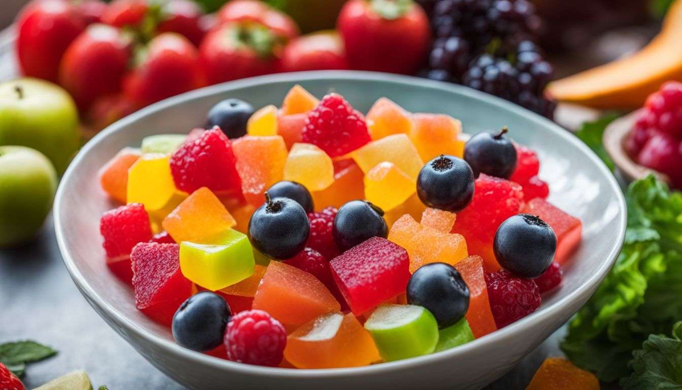 A colorful bowl of collagen gummies surrounded by vibrant fruits and vegetables.