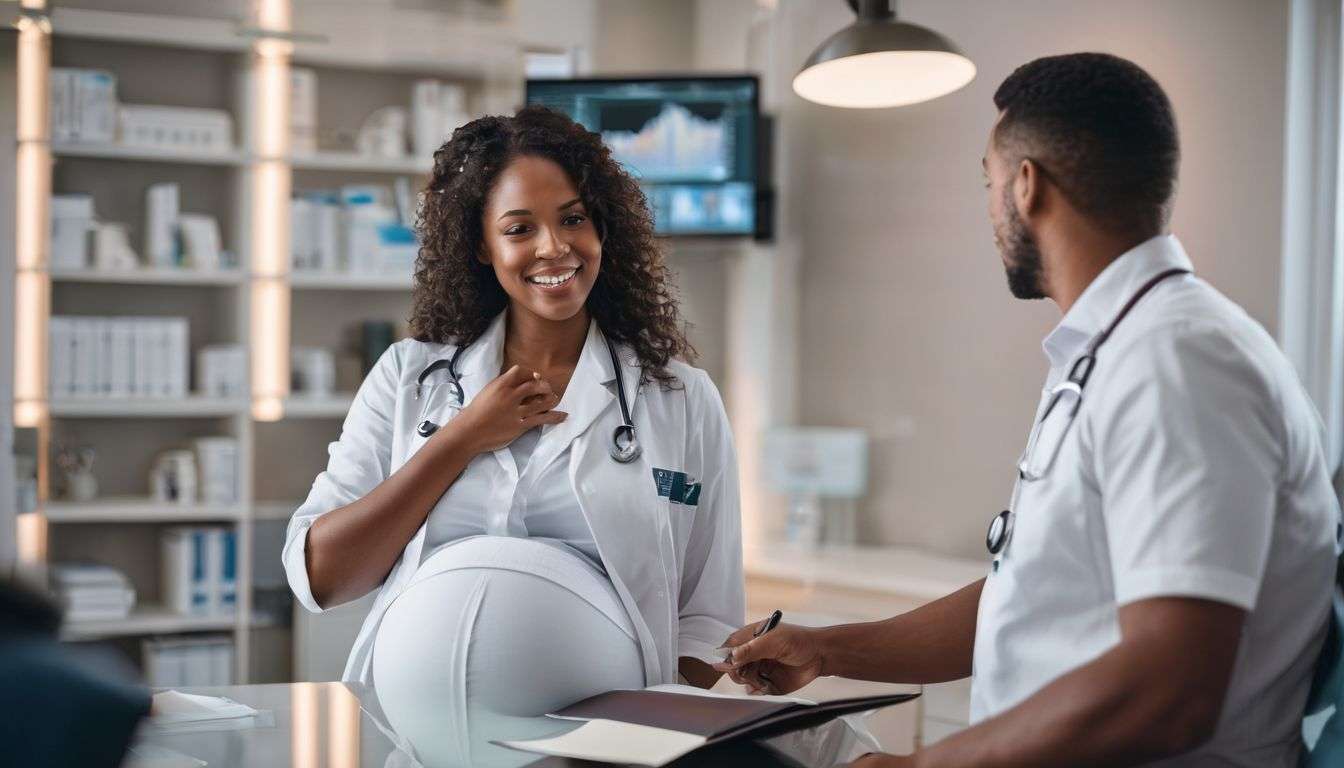 A pregnant woman consulting with her doctor in a clinic.