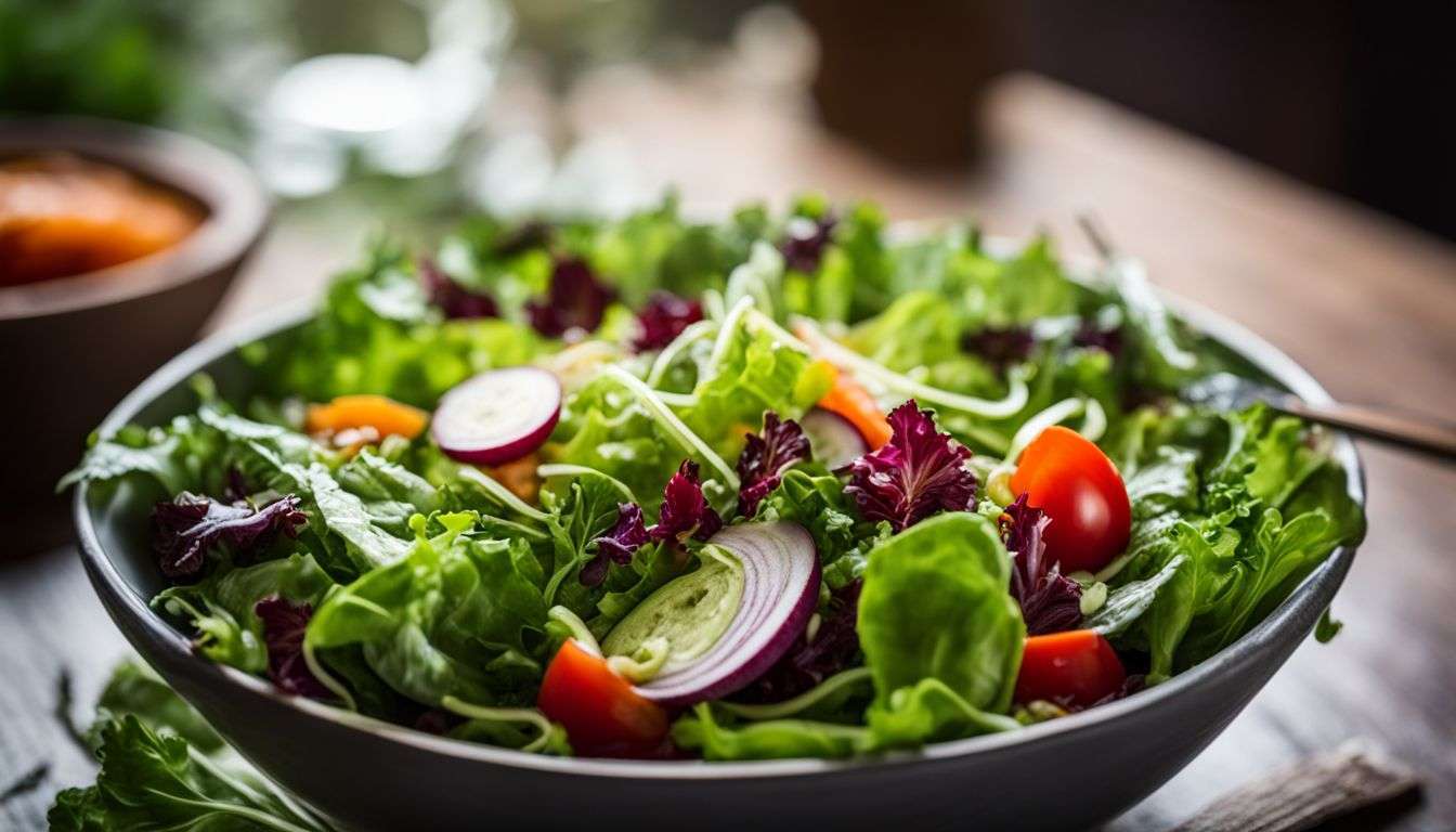 A close-up photo of a vibrant green salad with fresh vegetables.