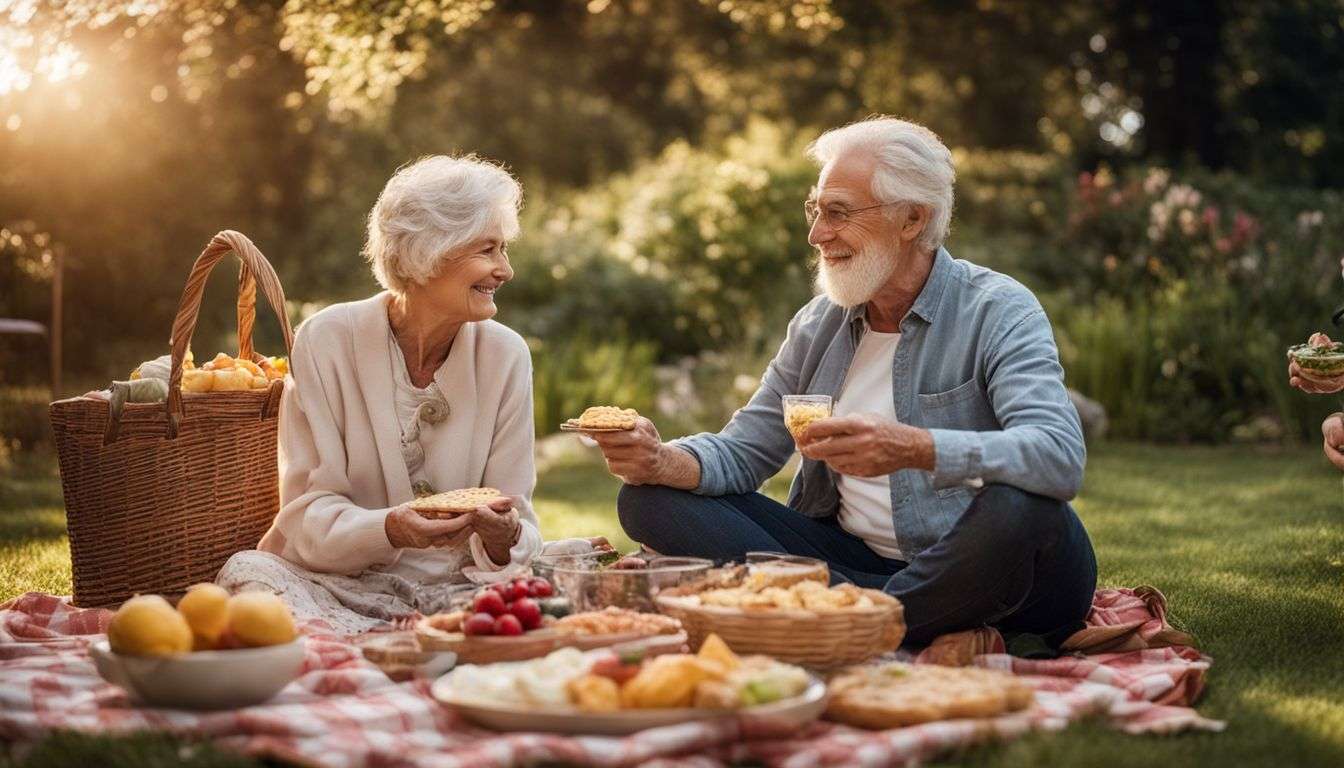 Elderly couple enjoying a picnic in a beautiful garden setting.
