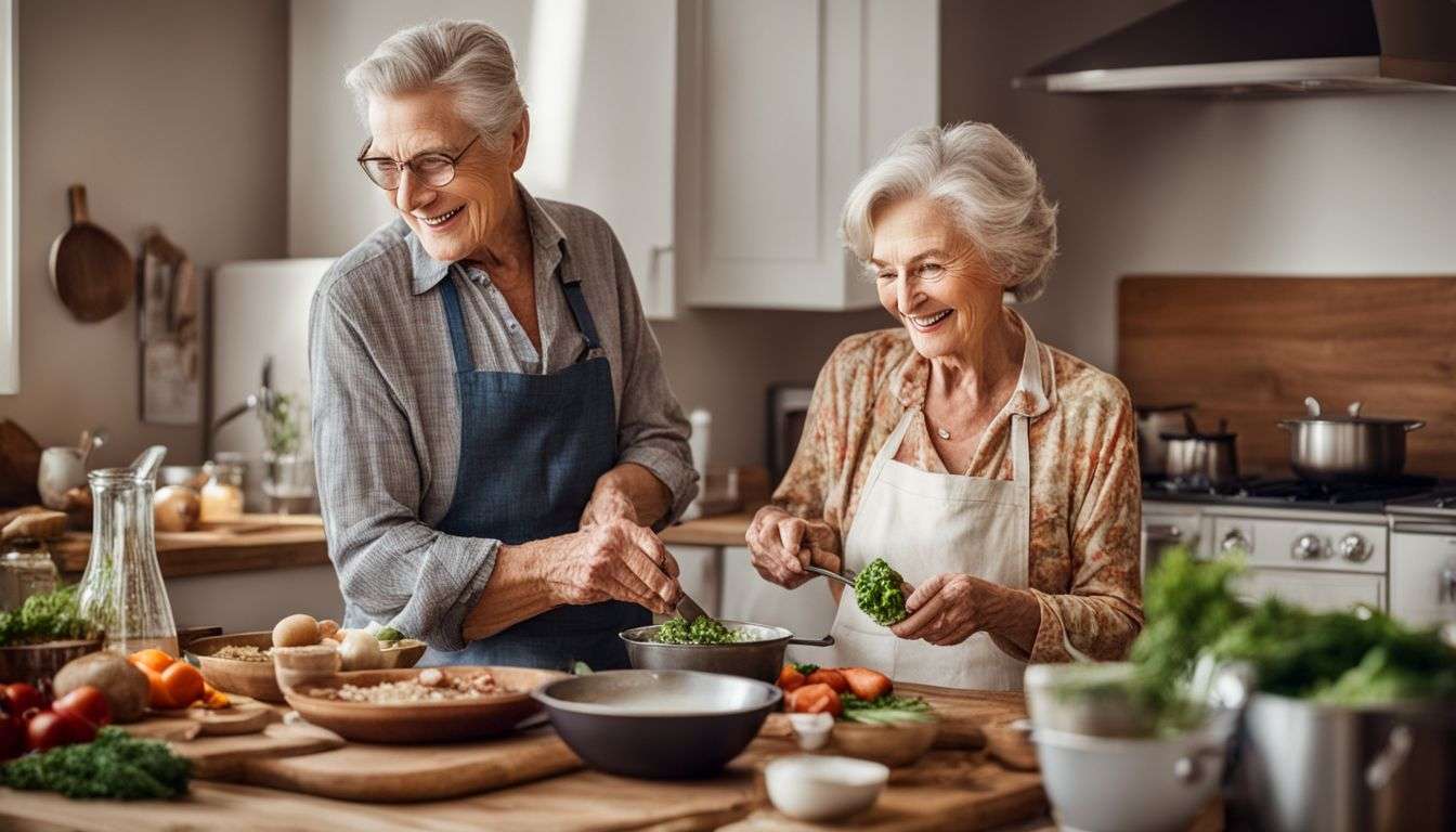 Elderly couple cooking and enjoying meals together in cozy kitchen.