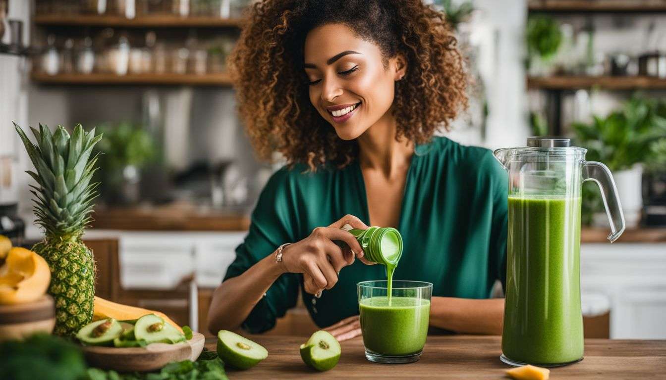 A woman blends plant-based collagen booster powder into a green smoothie.