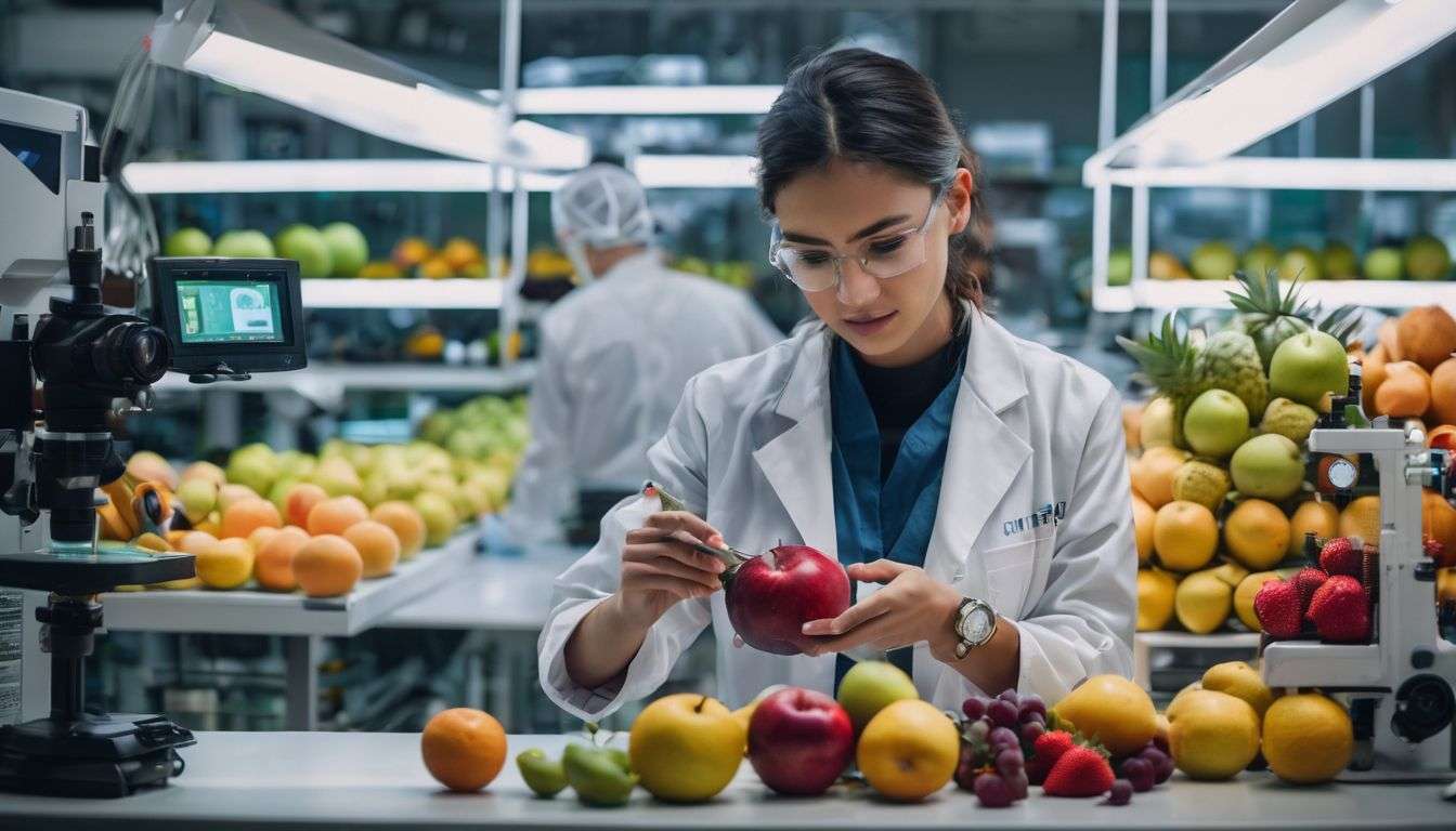 A person holding genetically modified fruit in a laboratory setting.