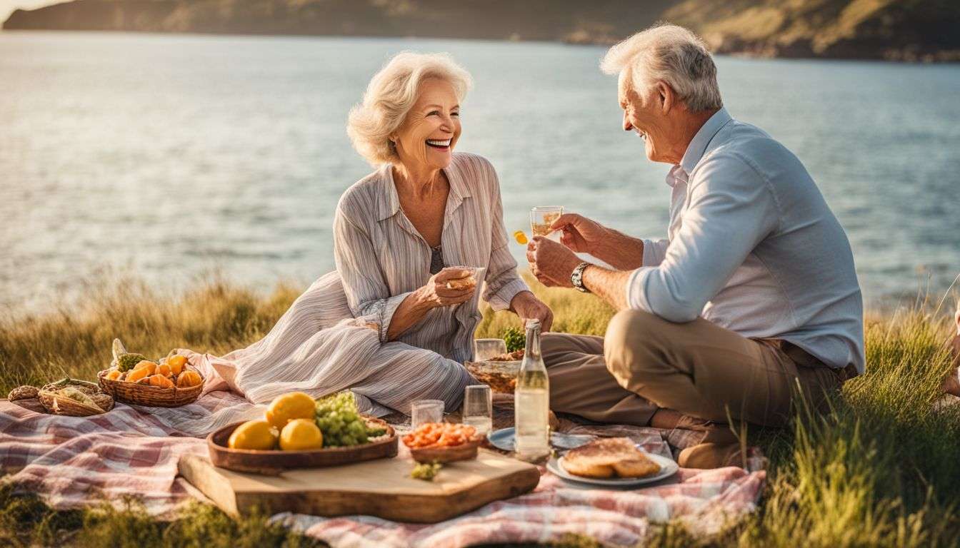 A happy senior couple enjoying a picnic by the ocean.