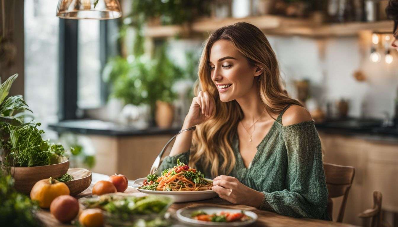 A woman enjoying a plant-based meal in a vibrant kitchen.