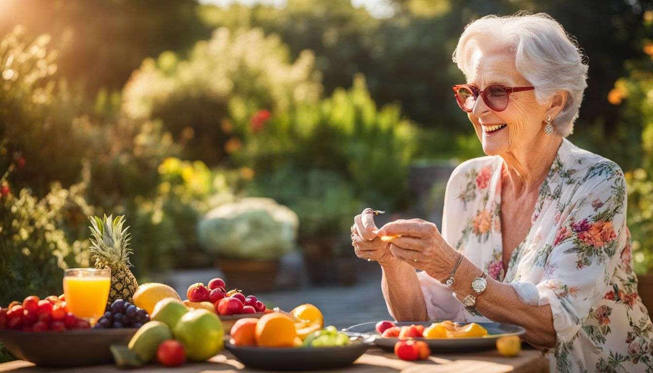 A senior woman enjoying a colorful fruit and vegetable platter in a sunny garden.
