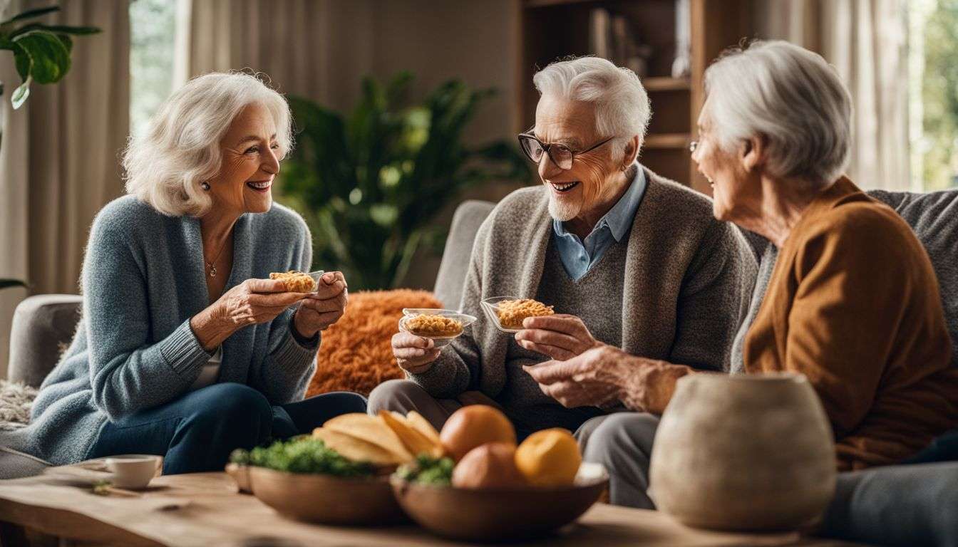 A senior couple enjoying omega-3-rich snacks in a cozy living room.
