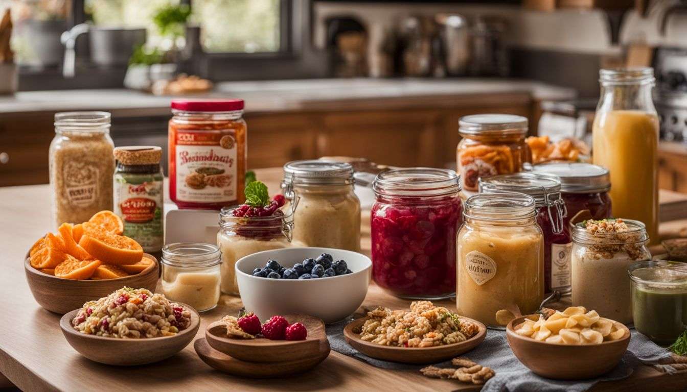 A variety of probiotic-rich snack options in a vibrant kitchen.