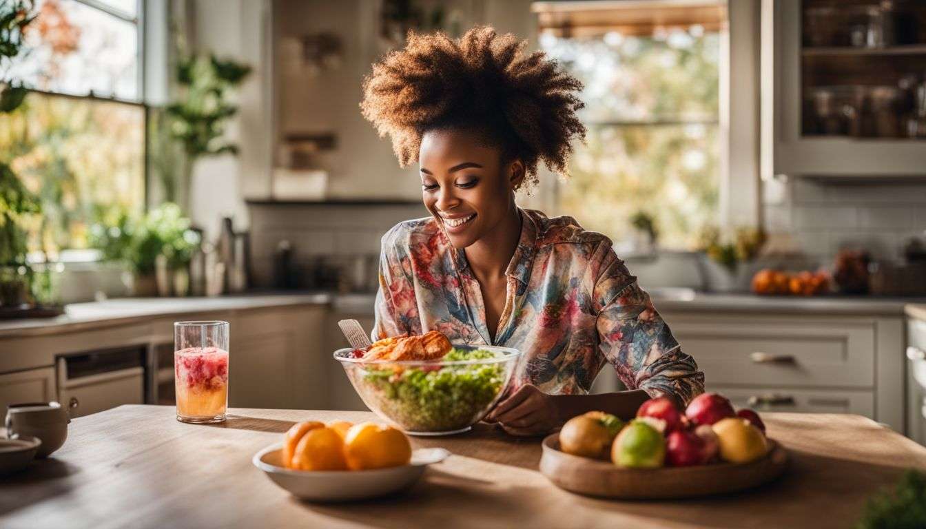 A person enjoying a snack in a lively and colorful kitchen.