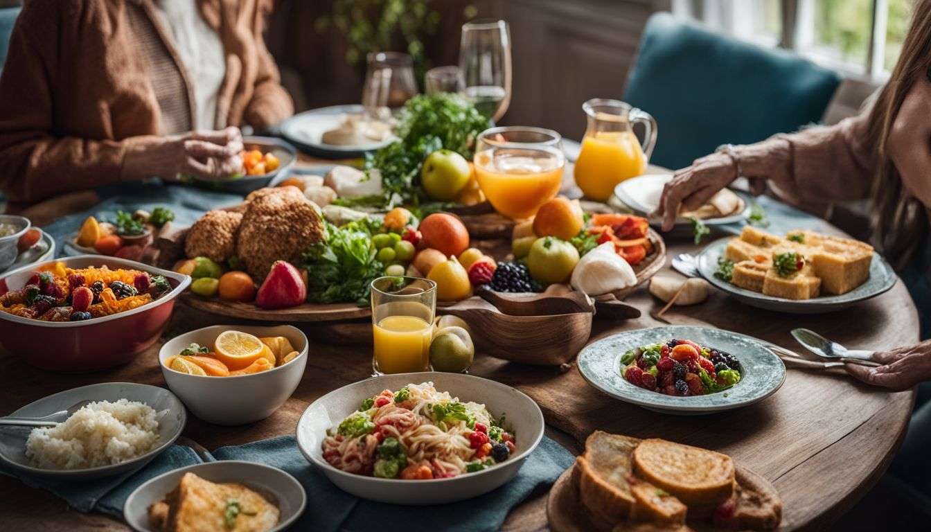 A colorful spread of soft, nutritious foods on an elderly-friendly dining table.