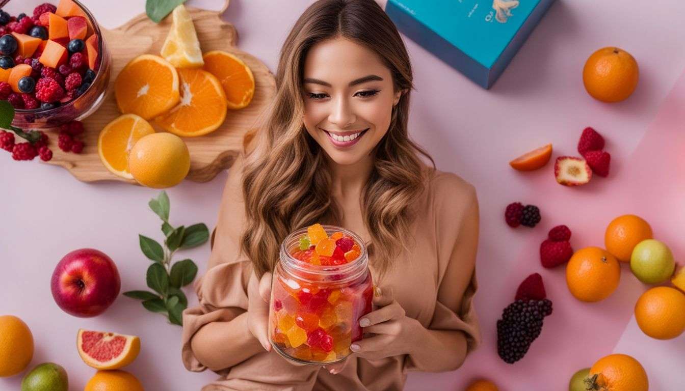 A woman holding collagen gummies surrounded by fruits and skincare products.