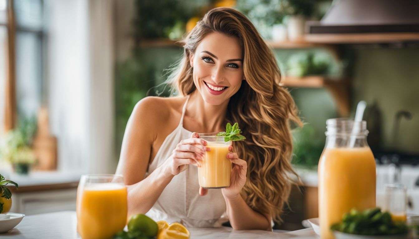 A woman enjoying a collagen-infused smoothie in a vibrant kitchen.